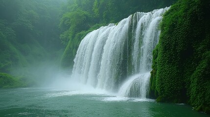 Fototapeta premium Lush waterfall cascading into a tranquil pool, misty forest backdrop