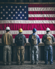 Construction workers standing in front of American flag in tribute