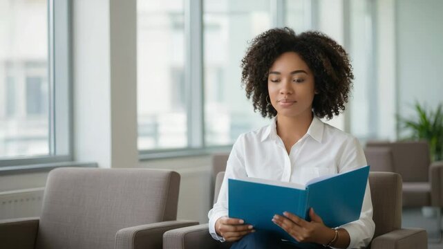 Job candidate waiting with folder in bright office lobby	