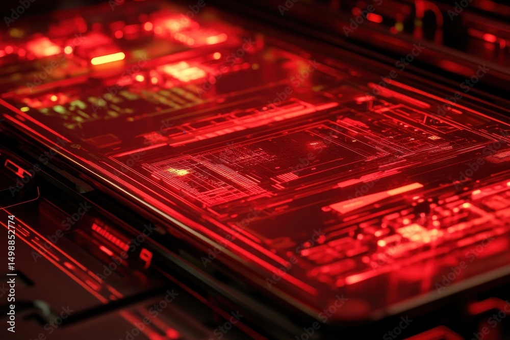 Poster futuristic closeup of a glowing abstract circuit board with intricate patterns and a striking red co