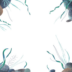 Watercolor seaweed and rocks border in a soft blue underwater scene. Hand-drawn digital illustration in a children's style. Ideal for kids' decor, books, and educational materials