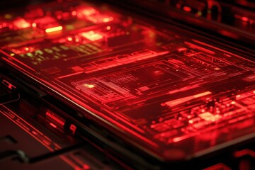 Obraz premium Futuristic closeup of a glowing abstract circuit board with intricate patterns and a striking red color palette showcasing advanced technology