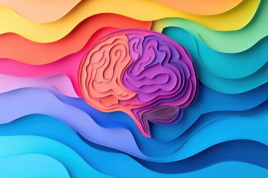 Abstract brain art showcases creative design with vibrant colors and layered paper textures representing thoughts and imagination in a dynamic visual expression