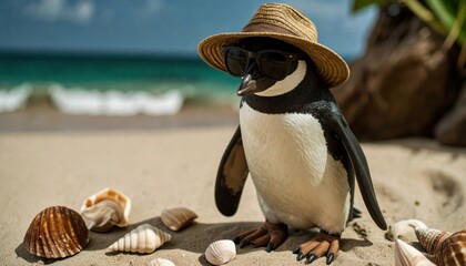 Relaxed Penguin at Beach Wearing Sunglasses and Summer Hat