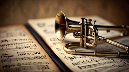 Jazz trumpet resting on sheet music, vintage vibe, no people 