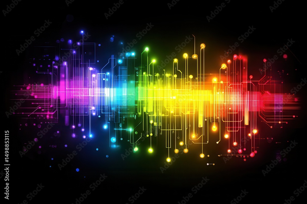 Poster vibrant abstract digital circuit design showcasing a colorful spectrum of interconnected elements in