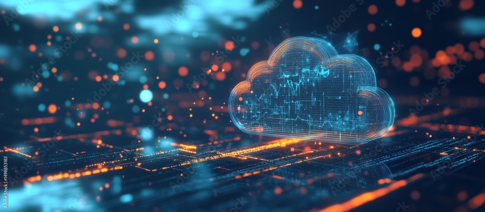 Poster digital cloud computing concept with glowing data connections and abstract technology background