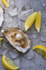 Oyster with pearl and lemons on a gray background