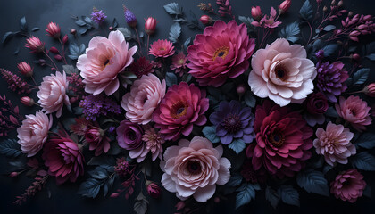 Title: Lush Floral Arrangement with Vibrant Roses, Peonies, and Blossoms on a Dark Background