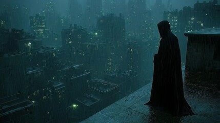 Dark Figure on Rooftop Overlooking City in Rain
