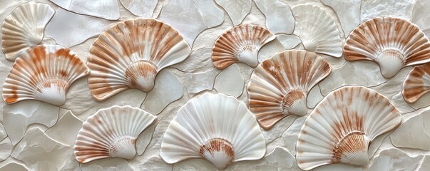 Obraz premium Decorative arrangement of seashells on textured background for coastal decor