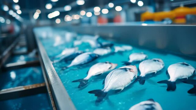 Industrial conveyor system processing harvested fish, automated seafood production