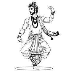 Indian Classical Male Dancer – Graceful Pose in Traditional Attire | Black and White Ink Illustration