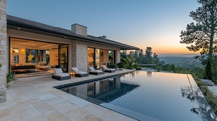 Luxurious modern home with pool at sunset