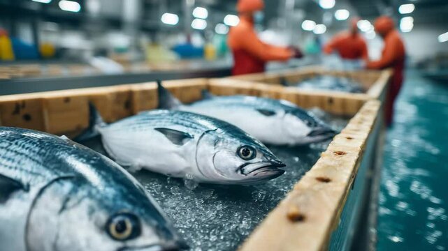 Close-up of eco-labeled seafood at packaging plant, sustainable fish harvest and traceability
