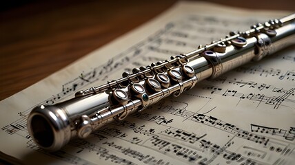 Flute on a music sheet with soft natural lighting, no face 