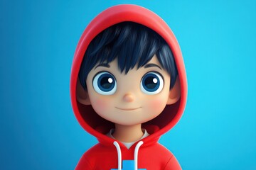 Charming cartoon boy wearing a red hoodie engages with viewers against a vibrant blue background, showcasing playful innocence and a friendly demeanor while standing still
