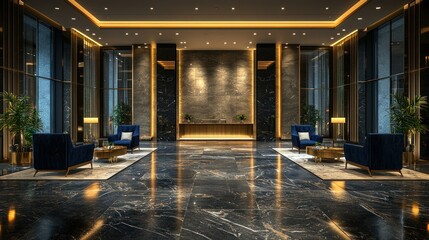 Luxurious modern lobby with dark marble floors and navy blue seating