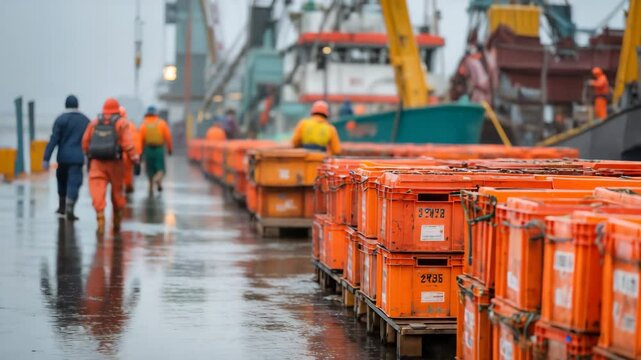 Dock workers tagging fish boxes for export, logistics at fishing port