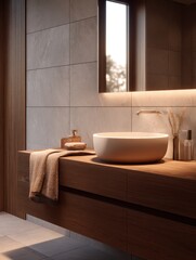 Fototapeta premium Modern bathroom interior featuring a sleek sink, warm lighting, and natural decor elements