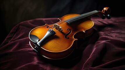 Fototapeta premium Old violin resting on a velvet cloth, moody lighting, no people 