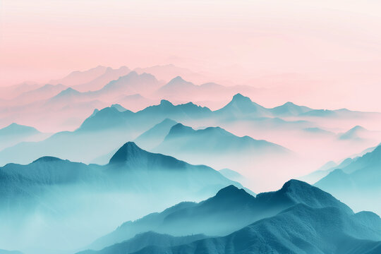 mountains, silhouette, pastel, minimalist, mist, landscape, japanese, gradient, sumi-e, nature