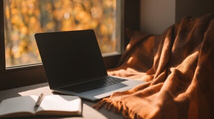 Cozy autumn workspace with a laptop and notebook by the window, surrounded by warm colors