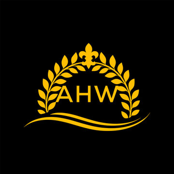 AHW Letter Logo. Luxury Laurel Wreath Logo with AHW Letters on Black Background.
