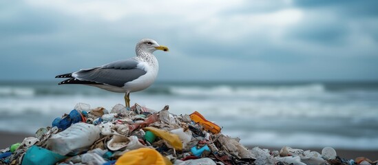 Seagull perched on plastic waste pile at beach highlighting environmental pollution