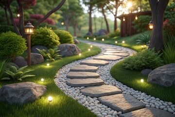 Obraz premium Pathway garden serene landscape with stone path and lighting