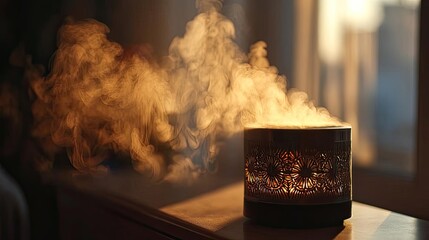 Aromatherapy with escape and peace in balance concept. A warm ambiance created by aromatic steam from a diffuser.