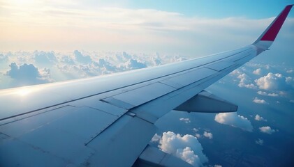 Obraz premium Close-up of airplane wing in flight, showing rivets and wing structure details , airplane wing, commercial flight