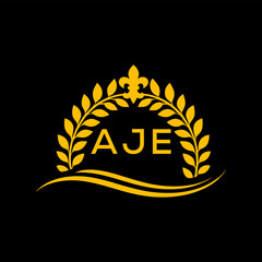 AJE Letter Logo. Luxury Laurel Wreath Logo with AJE Letters on Black Background.
