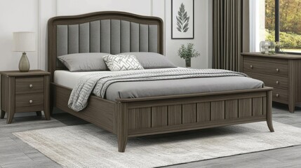 Elegant Bedroom Set with Wooden Bed Frame and Grey Accents