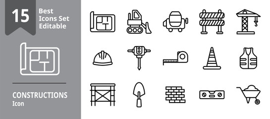 Set of Constructions icons. Icons Contains blueprint, hard helmet, wall brick, hammer, wheelbarrow, vest, etc . Design elements for you projects. Editable stroke vector illustration