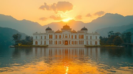 Fototapeta premium Majestic palace on island at golden sunset