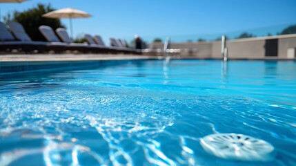 Sparkling Oasis: A tranquil aquatic panorama, capturing the refreshing allure of crystal-clear water in a sun-drenched swimming pool, beckoning with its cool embrace.