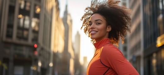 Smiling woman in orange athletic wear enjoying morning city run with sunlit skyline