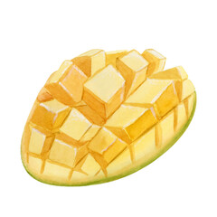 Cut mango watercolor illustration isolated on white. Ripe summer fruit sliced in cubes. Summer food clip art for tropical designs