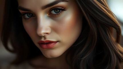 Beautiful Woman with Dark Brown Hair and Red Lips