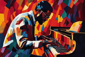 AfroAmerican male jazz musician passionately playing the piano in a vibrant setting filled with colorful abstract shapes and tones during a live performance at a jazz club