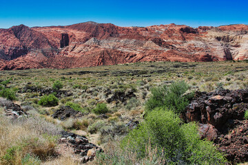 Fototapeta premium Spring View of the Lava Field and Red Cliffs of Snow Canyon State Park in Utah.