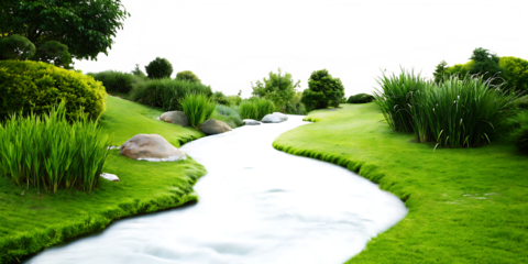 Flowing river of bluegrass mimicking water movement through a serene garden setting, providing a calming visual flow, isolated on white background as transparent. PNG
