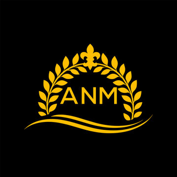 ANM Letter Logo. Luxury Laurel Wreath Logo with ANM Letters on Black Background.
