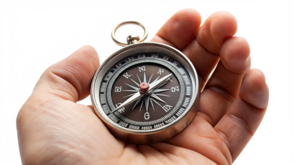 Hand holding compass isolated on a white background png ai generated