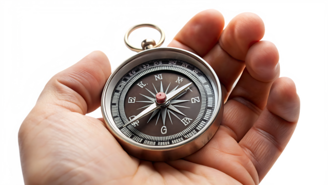 Hand holding compass isolated on a white background png ai generated