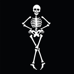 A funny cartoon dancing skeleton on a black background, creating a playful atmosphere, perfect for Halloween or themed events.