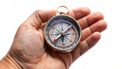 Hand holding compass isolated on a white background png ai generated