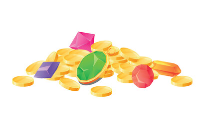 A vibrant mountain of gold coins surrounded by a multitude of glittering gems and jewelry, conveying the charm of hidden treasures from a fantasy realm.
