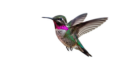 Fototapeta premium Calliope Hummingbird Hovering: Magenta Throat, Green Body, White Background